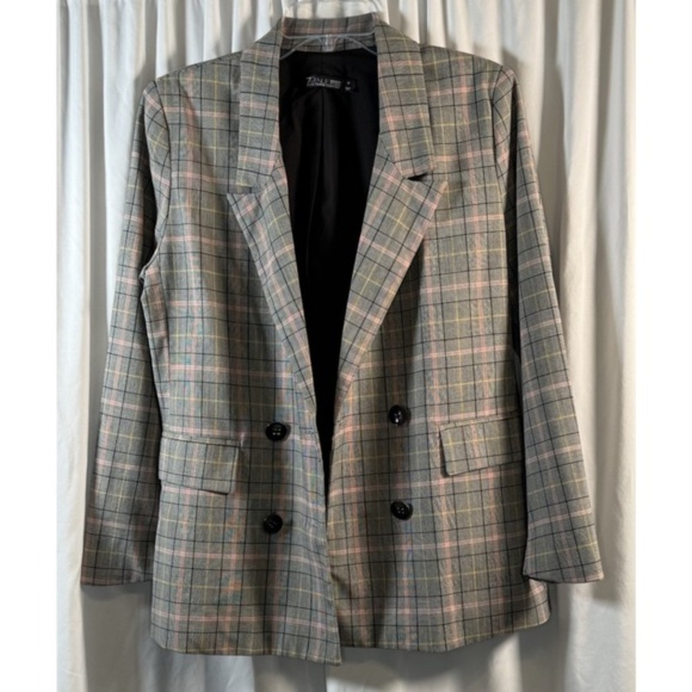 7th Avenue New York & Co Grey Plaid Double Breasted Blazer M Preppy Chic 80-27 - Picture 8 of 12